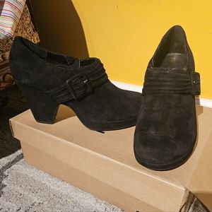 Black me too low booties with a 2 inch heel